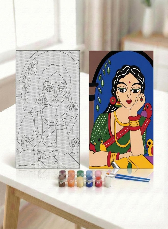 HOBBY INDIA مجموعة لوحة الرسم على القماش من هوبي إنديا للأطفال والكبار | هدية فنية وحرفية للأولاد والبنات | تصميمات فنية هندية يدوية الصنع جاهزة | ديكور للمنزل، غرفة النوم، غرفة المعيشة والمكتب (12 × 9 بوصة) (للسيدات) - Image 1